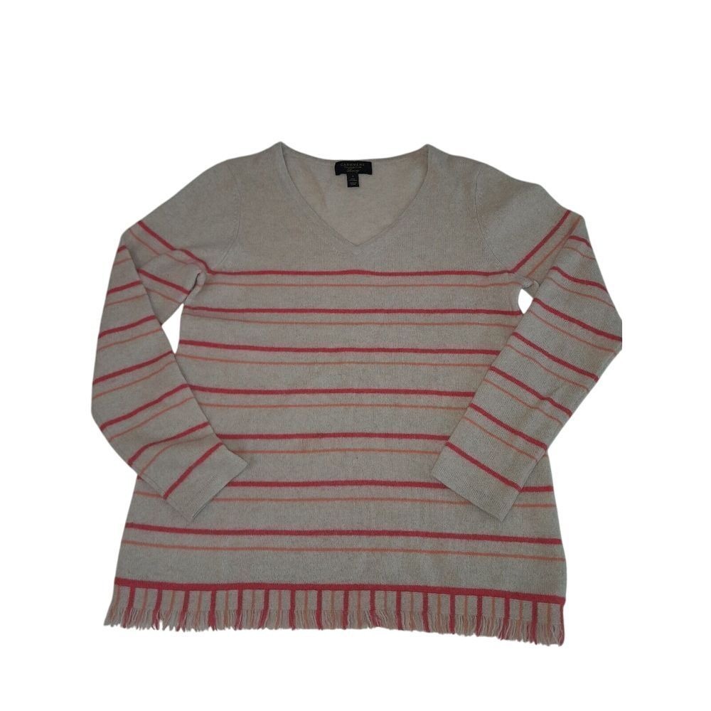 Charter Club Cashmere Sweater Women S Pink Cream Stripe V-Neck Fringe Hem